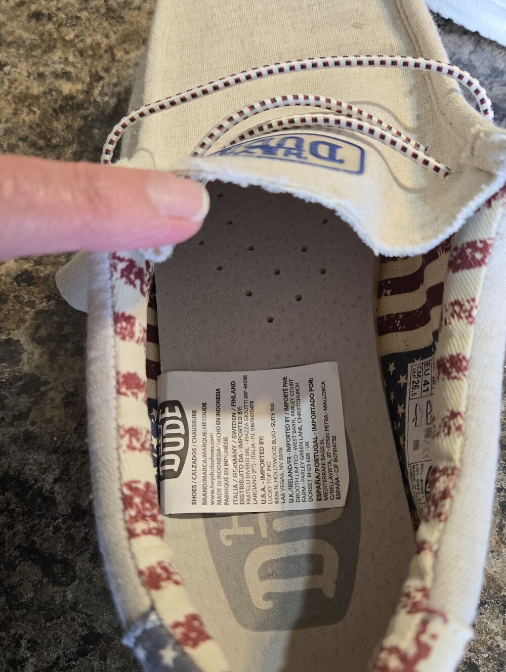 Hey Dude Mens/womens White Canvas Slip-Ons with Red & Blue Flag Accent - Picture 7 of 9